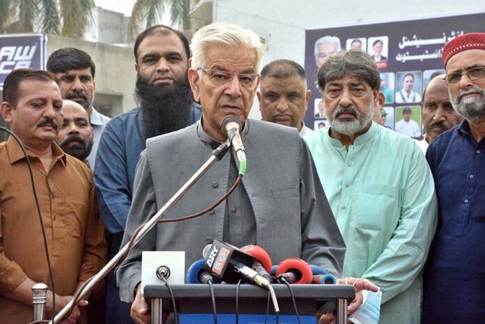 Defense Minister Khawaja Mohammad Asif is addressing after inaugurating the Aamir Waseem International Cricket Academy & Institute at Paris road