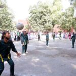 Players in action during the Intercollegiate Girls' volley ball tournament at Government Graduate College for Girls, Chandni Chowk