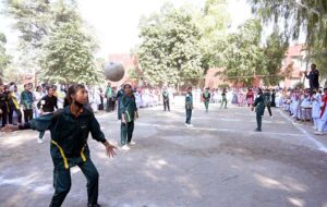 Players in action during the Intercollegiate Girls' volley ball tournament at Government Graduate College for Girls, Chandni Chowk