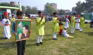Students performing tableau on national poet Alama Iqbal’s poetry during the inaugural ceremony of Inter School Sports Festival organized by the Directorate of Sports at Tamash Football Stadium.