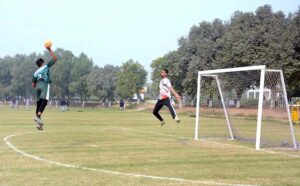 Players in action in semi-final basketball match played between Punjab College and Divisional Public School & College teams during Inter-Collegiate Basketball & Handball Championship 2024-25 at Sandal School and College Ground.