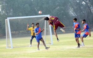 Players in action in semi-final basketball match played between Punjab College and Divisional Public School & College teams during Inter-Collegiate Basketball & Handball Championship 2024-25 at Sandal School and College Ground.