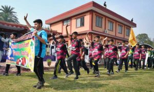 Students performing tableau on national poet Alama Iqbal’s poetry during the inaugural ceremony of Inter School Sports Festival organized by the Directorate of Sports at Tamash Football Stadium.