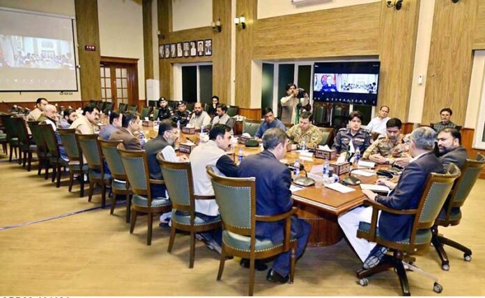 Federal Interior Minister Mohsin Naqvi along with Chief Minister Balochistan Sarfraz Bugti chairing an emergency meeting on law and order situation in the province