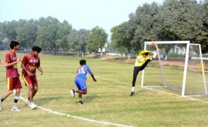 Players in action in semi-final basketball match played between Punjab College and Divisional Public School & College teams during Inter-Collegiate Basketball & Handball Championship 2024-25 at Sandal School and College Ground.