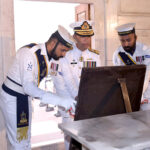 Commander Central Punjab of Pakistan Navy, Rear Admiral Azhar Mahmood lays floral wreath during change of guard ceremony to pay homage to Allama Muhammad Iqbal on his 147 birth anniversary at Mazar-e-Iqbal