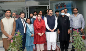 Governor Khyber Pakhtunkhwa Faisal Karim Kundi addresses the media during his visit to the Punjab Social Protection Authority (PSPS) in provincial capital