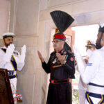 DG Rangers, Major General Muhammad Atif Bin Akram offering Fateha after laying floral wreath during change of guard ceremony to pay homage to Allama Muhammad Iqbal on his 147 birth anniversary at Mazar-e-Iqbal