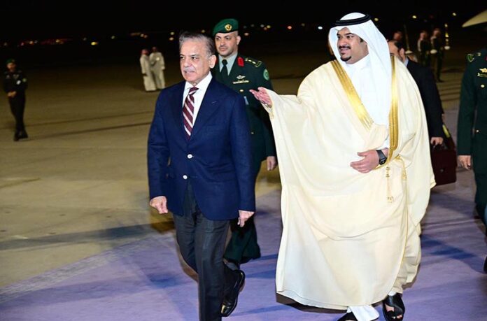 Prime Minister Muhammad Shehbaz Sharif is being received by Deputy Governor of Riyadh Region HRH Prince Mohammed bin Abdulrahman bin Abdulaziz at the Royal terminal of Riyadh International Airport
