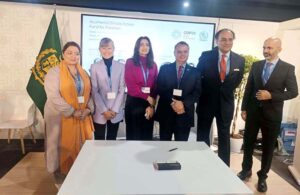 Coordinator to the Prime Minister for Climate Change, Romina Khurshid Alam posing for a groupphoto with federal minister for finance, Muhammad Aurangzeb and representatives of Founder Acumen, Green Climate Fund and USAID in an event on Acumen's Climate Action Fund for Pakistan at Pakistan Pavilion COP29 Summit.