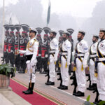Pakistan Navy and Pakistan Rangers performing at change of guard ceremony to pay homage to Allama Muhammad Iqbal on his 147 birth anniversary at Mazar-e-Iqbal