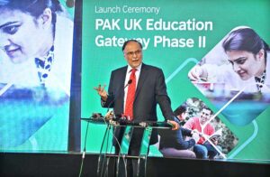 Federal Minister for Planning Development and Special Initiatives Prof. Ahsan Iqbal addressing a launching ceremony of Pak-UK Education Gateway (Phase-II) at HEC H-9 Sector.