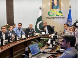 Federal Minister for Interior Mohsin Naqvi chairing a meeting in CDA Headquarters Islamabad