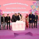 Ambassador of Pakistan to China H.E. Mr. Khalil Hashmi cutting cake to marking a milestone at the 55th anniversary celebration of Pakistan Embassy College, at the International Culture Day hosted by the college