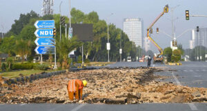 A development project is underway as heavy machinery is being used in the construction work at the PTCL Chowk Underpass, aimed at improving traffic flow and infrastructure in the heart of the Federal Capital.