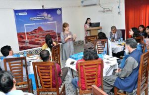 International Expert-Culture and Heritage, UNESCO Office in Pakistan Dr Cristina Menegazzi addressing during Training Workshop of Disaster Risk Reduction (DRR) for the Safeguarding of Cultural Heritage in Pakistan at Conference Hall Mohen jo Daro organized by Directorate General of Antiquities and Archaeology Government of Sindh & UNESCO Pakistan.