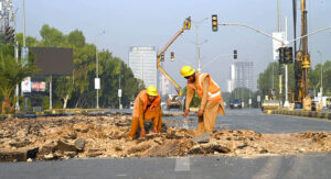 A development project is underway as heavy machinery is being used in the construction work at the PTCL Chowk Underpass, aimed at improving traffic flow and infrastructure in the heart of the Federal Capital.