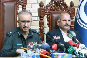 KP IGP Akhtar Hayat addresses a press conference regarding the arrest of the suspect involved in the 2023 police line blast in Peshawar.