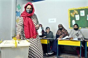 A female voter casting her vote in Local Government Bye-Elections being held across the province on different vacant seats of local bodies.