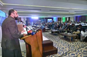 Federal Minister for Overseas Pakistanis and Human Resource Development Chaudhry Salik Hussain addressing two-day Pakistan's National Tripartite Labour Conference closing ceremony, jointly organized by the International Labour Organization (ILO) and the Ministry of Overseas Pakistanis and Human Resource Development (MOPHRD).