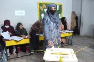 A female voter casting her vote in Local Government Bye-Elections being held across the province on different vacant seats of local bodies.