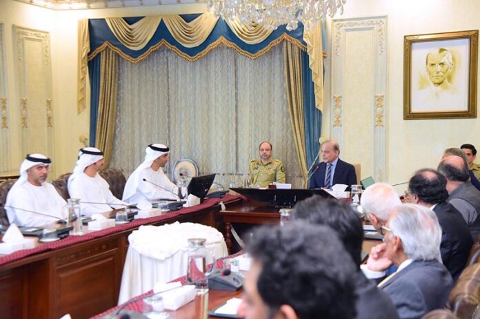 Prime Minister Muhammad Shehbaz Sharif meeting with the Minister of Foreign Trade of the United Arab Emiretes H. H. Dr. Thani bin Ahmad Al Zeyoudi