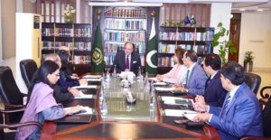 The Federal Minister for Finance and Revenue, Senator Muhammad Aurangzeb, held a meeting with the Asian Development Bank (ADB) delegation led by Senior Director Mr. Tariq H. Niazi. ADB's Country Director Ms. Emma Fan and her team in Pakistan also attended the meeting.