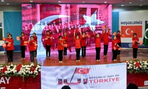 Turkish Ambassador to Pakistan Irfan Neziroglu in a group photograph with Students during "101 Turkish Republic Day" at Pak-Turk Maarif International Schools & College in the Federal Capital
