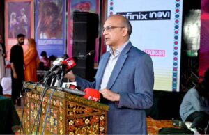 Secretary of the National Heritage and Culture Division, Hassan Nasir Jamy, addresses during the opening ceremony of the 'Annual Ten-Day Folk Festival Lok Mela' at Lok Virsa in the federal capital