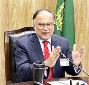 Federal Minister for Planning, Development and Special Initiatives, Ahsan Iqbal chairing a meeting to review the progress and challenges of two major national projects: the Neelum Jhelum Hydropower Project (NJHPP) and the Diamer Bhasha Dam.