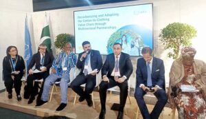 Speakers at a high-level event ‘COP29: Decarbonizing and Adapting the Cotton-to-Clothing Value Chain through Multi-sectoral Partnerships’ at Pakistan Pavilion.