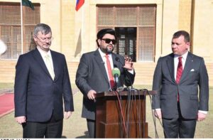 Sindh Governor Kamran Khan Tessori addresses the media with Russian Ambassador Albert Khorev at Governor House.