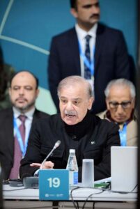 Prime Minister Muhammad Shehbaz Sharif addressing the High-Level Climate Finance Roundtable hosted by Pakistan at COP-29 Climate Action Summit.
