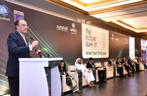 Federal Minister for Finance and Revenue Senator Muhammad Aurangzeb addressing the Eighth Edition of Future Summit at a local hotel.
