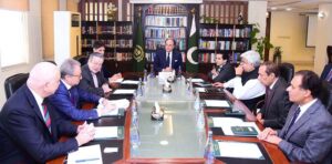 Federal Minister for Finance and Revenue, Senator Muhammad Aurangzeb, chairs a meeting with Ambassador of France to Pakistan, Mr. Nicolas Galey, at the Finance Division. The meeting was also attended by the Minister of State for Finance and Revenue, Mr. Ali Pervaiz Malik, and Chairman Federal Board of Revenue (FBR) Mr. Rashid Mahmood Langrial.