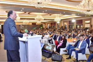 Federal Minister for Finance and Revenue Senator Muhammad Aurangzeb addressing the Eighth Edition of Future Summit at a local hotel.