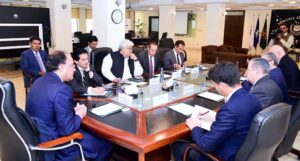 Federal Minister for Finance and Revenue, Senator Muhammad Aurangzeb, chairs a meeting with Ambassador of France to Pakistan, Mr. Nicolas Galey, at the Finance Division. The meeting was also attended by the Minister of State for Finance and Revenue, Mr. Ali Pervaiz Malik, and Chairman Federal Board of Revenue (FBR) Mr. Rashid Mahmood Langrial.