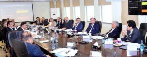 Federal Minister for Finance and Revenue, Senator Muhammad Aurangzeb, chairs the meeting of the Economic Coordination Committee (ECC) at the Finance Division.