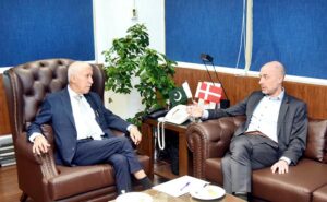H.E. Jackob Linulf, Ambassador of Denmark, calls on Federal Minister for Maritime Affairs, Qaiser Ahmed Shaikh.