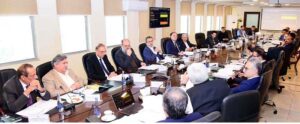 Federal Minister for Finance and Revenue, Senator Muhammad Aurangzeb, chairs the meeting of the Economic Coordination Committee (ECC) at the Finance Division.