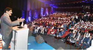 Sindh Chief Minister Syed Murad Ali Shah speaks at a UNICEF Pakistan concert organised to celebrate World Children's Day, themed 'Listen to the Future' at Pakistan Arts Council.
