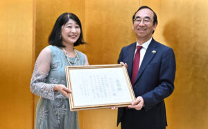 Ambassador of Japan to Pakistan, WADA Mitsuhiro confers the “Japanese Ambassador’s Commendations to Ms TAKAGAKI Elli at a ceremony at his official residence.