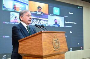 Prime Minister Muhammad Shehbaz Sharif addresses a ceremony of laying a foundation stone of Ramday University, Thagos, Ghanche