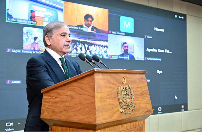 Prime Minister Muhammad Shehbaz Sharif addresses a ceremony of laying a foundation stone of Ramday University, Thagos, Ghanche