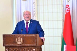 President of Belarus H.E. Aleksandr Lukashenko speaks at joint press stakeout.