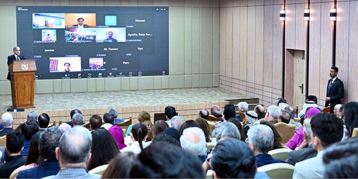 Prime Minister Muhammad Shehbaz Sharif addresses a ceremony of laying a foundation stone of Ramday University, Thagos, Ghanche