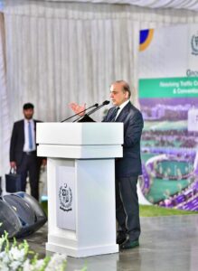 Prime Minister Muhammad Shehbaz Sharif addressing a ceremony to mark the ground-breaking for construction of Jinnah Avenue-9th Avenue intersection and underpass at Serena & Convention Centre Chowk.