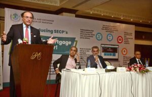 The Federal Minister for Finance and Revenue, Senator Muhammad Aurangzeb addressing the launching ceremony of Electronic Mortgage Register by SECP.