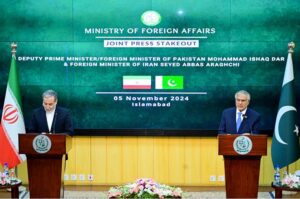 Deputy Prime Minister and Foreign Minister Senator Mohammad Ishaq Dar along with Foreign Minister of Iran Seyed Abbas Aragchi address a joint press stakeout at the Ministry of Foreign Affairs.
