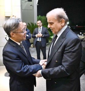 Prime Minister Muhammad Shehbaz Sharif meeting with the Chinese Ambassador to Pakistan, Jiang Zaidong during his visit of the Chinese Embassy.